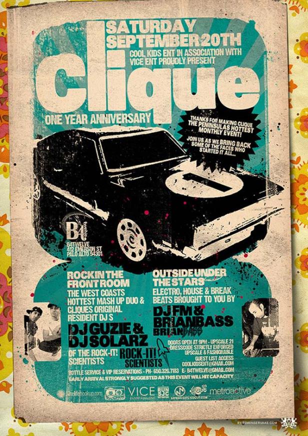 Ein Veranstaltungsplakat für „Clique“ zum einjährigen Jubiläum mit einem Auto im Retro-Stil.