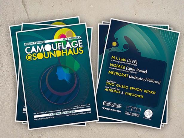 Mehrere Flyer für eine Veranstaltung namens „Camouflage @ Soundhaus“ mit M.I. Loki und anderen Künstlern.