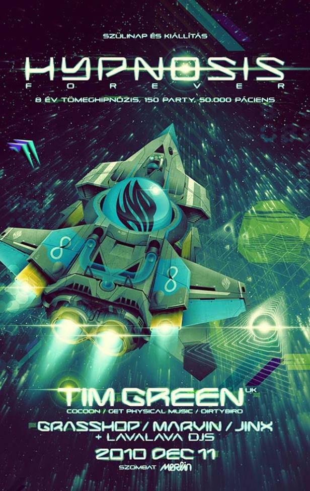 Ein futuristisches Raumschiff fliegt vor einem Sternenhimmel für die „Hypnosis“-Party mit Tim Green.