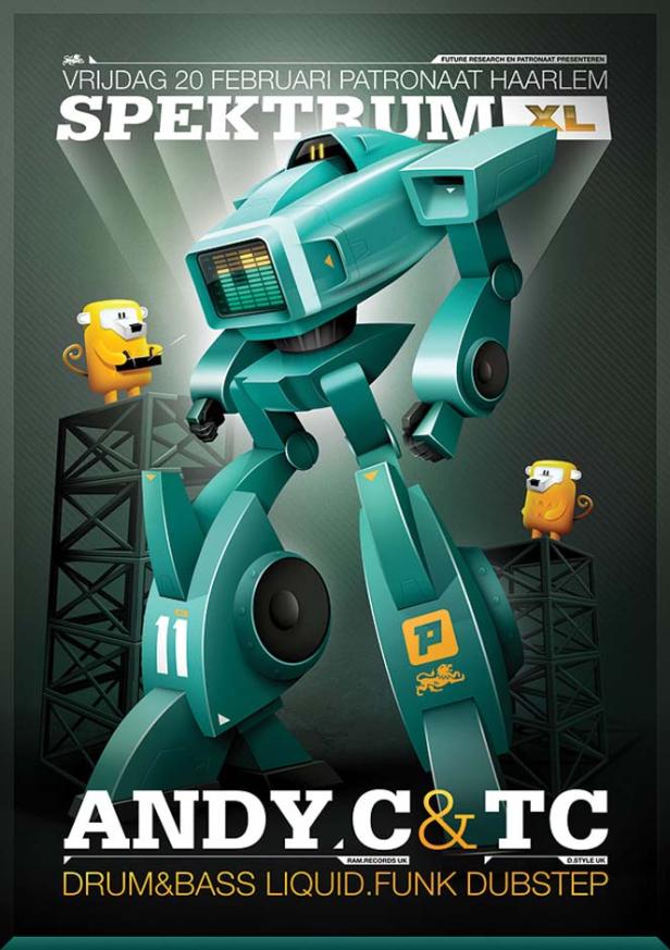 Ein Werbeplakat für „Spektrum XL“ mit einem Roboter und den DJs Andy C & TC.