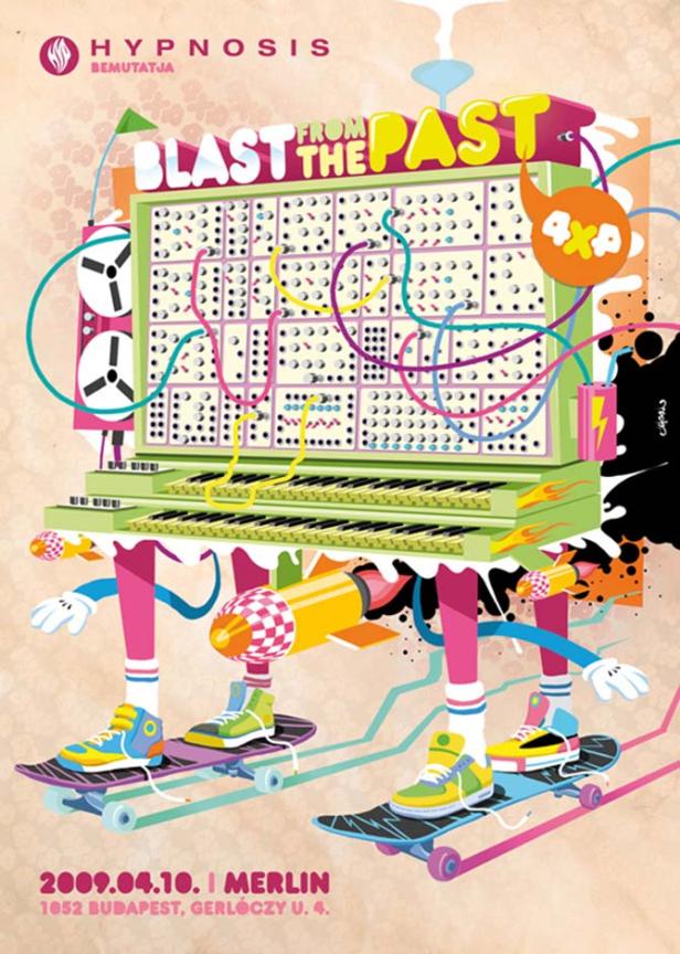 Ein Cartoon-Synthesizer mit Beinen und Schuhen auf Skateboards, beworben für eine Veranstaltung im Merlin, Budapest.