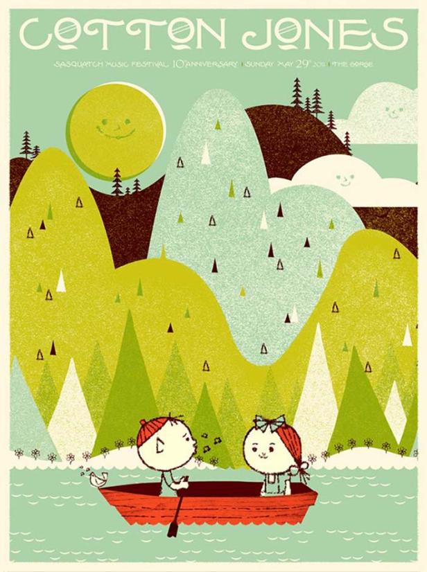 Eine stilisierte Illustration mit zwei Figuren in einem Boot vor einer Berglandschaft für das Sasquatch Music Festival.