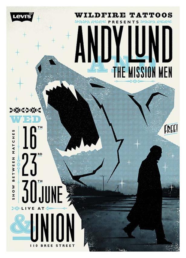 Ein Veranstaltungsplakat für Andy Lund & The Mission Men, gesponsert von Levi's und Wildfire Tattoos.