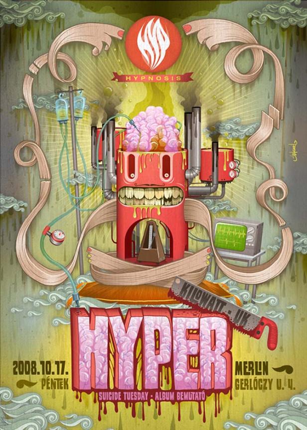 Ein Veranstaltungsplakat für „Hyper“ am 17. Oktober 2008 mit einem Cartoon-Roboter mit Gehirn.