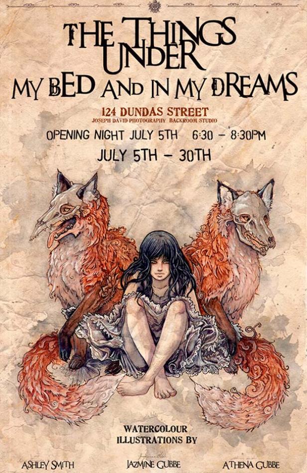 Eine Illustration für eine Ausstellung mit einem Mädchen zwischen zwei Füchsen mit Totenkopfmasken.