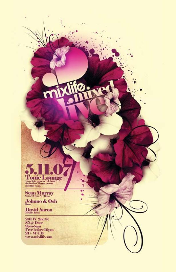 Ein Veranstaltungsplakat für „Mixlife“ am 5. November 2007 im Tonic Lounge mit Blumen.