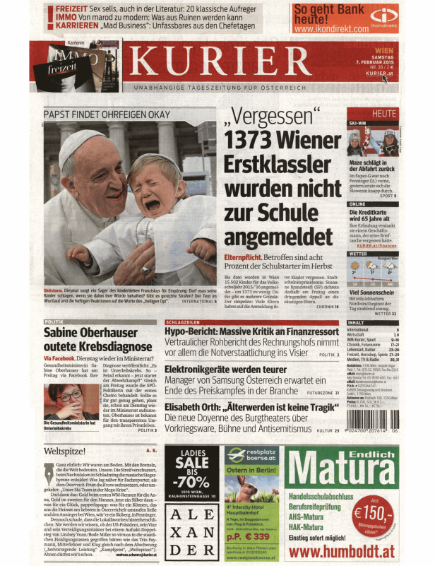 Titelseite der Zeitung Kurier vom 7. Februar 2015 mit verschiedenen Artikeln und Bildern.