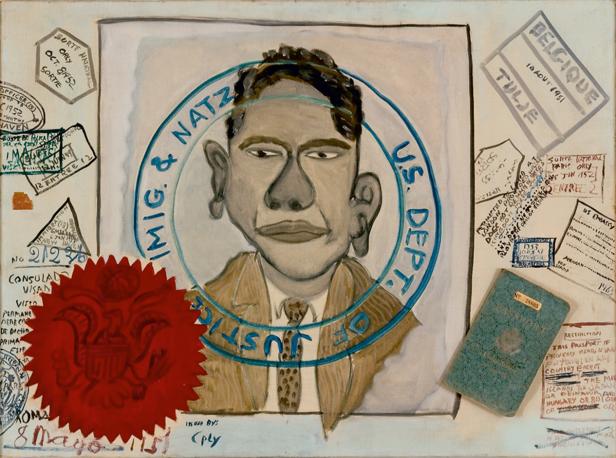 Ein Porträt vor einem Hintergrund mit Stempeln und dem Siegel des US-Justizministeriums.