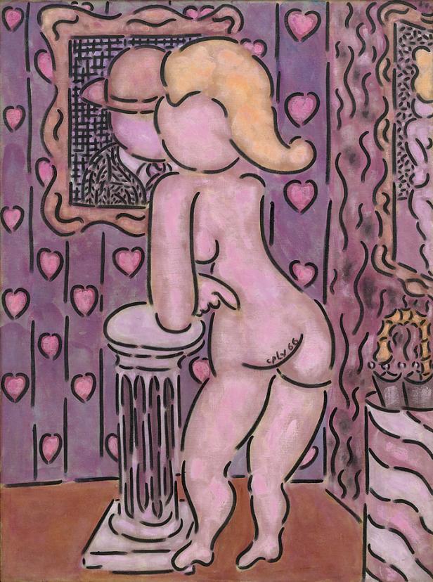 Ein Gemälde im Pop-Art-Stil zeigt eine nackte Frau, die sich an eine Säule lehnt.