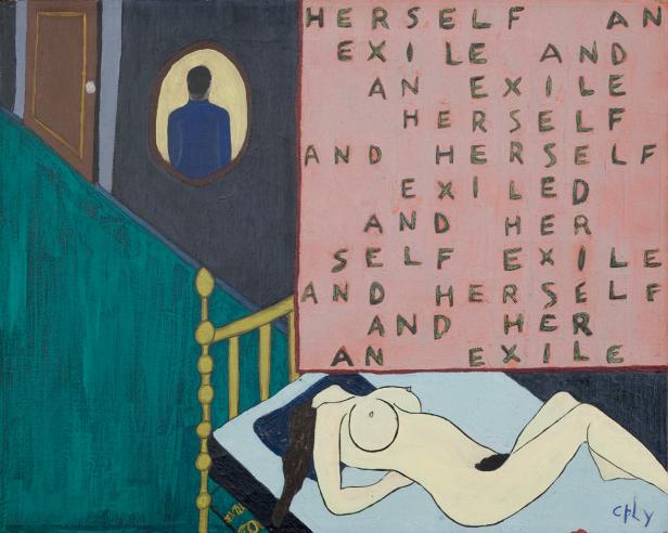 Ein Gemälde zeigt eine liegende Frau, einen Spiegel mit einer Person und den Text „Herself and Exile“.
