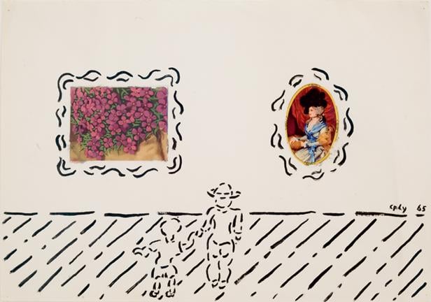 Eine stilisierte Darstellung eines Kindes mit Erwachsenem vor zwei gerahmten Bildern.