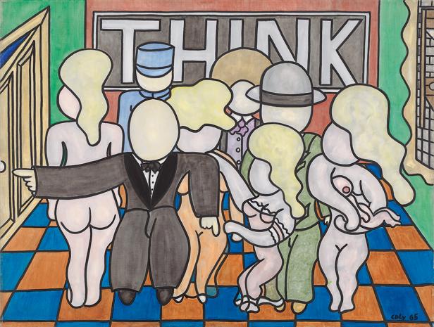 Eine stilisierte Darstellung einer Gruppe von Menschen vor dem Wort „THINK“.