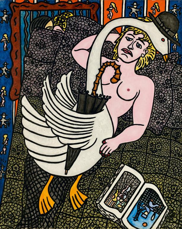 Ein surrealistisches Gemälde mit einer Frau, einem Schwan, einem Buch und dekorativen Elementen.