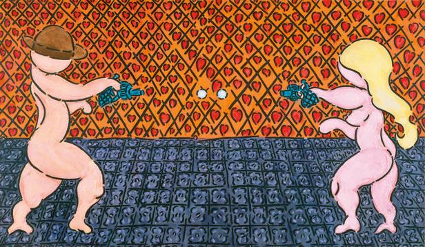 Zwei stilisierte Figuren zielen mit Spielzeugpistolen aufeinander.