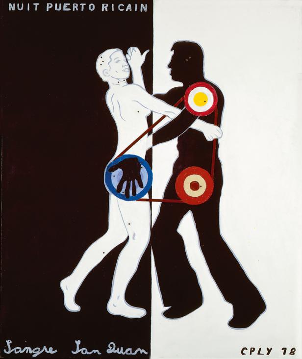 Das Gemälde „Nuit Puerto Ricain“ von William Copley zeigt stilisierte Figuren in Schwarz und Weiß, verbunden durch geometrische Formen.