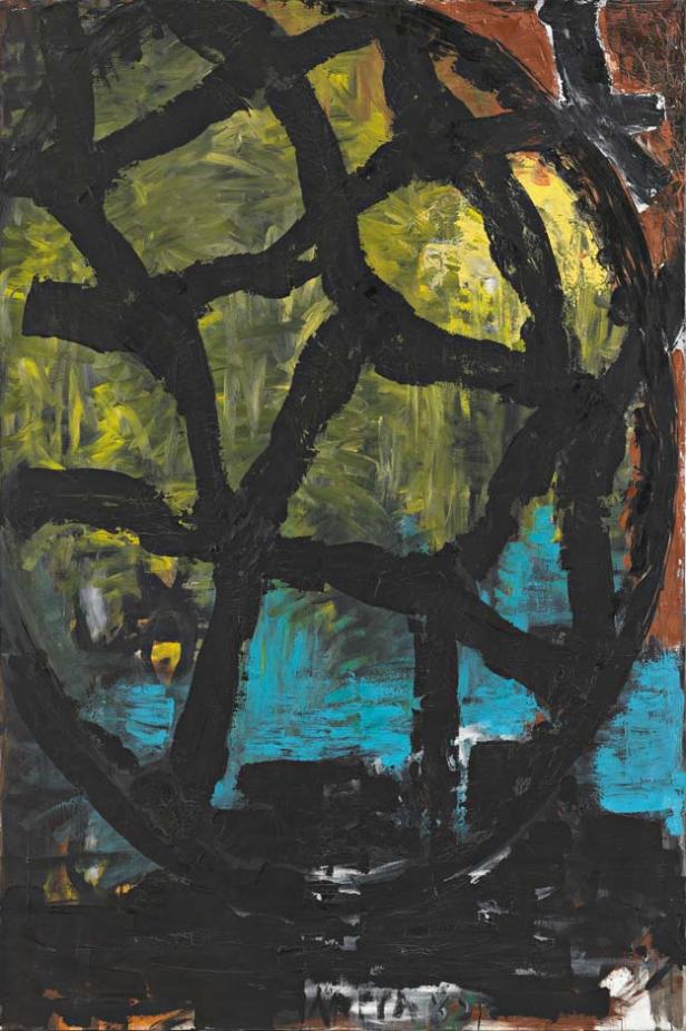 Abstrakte Malerei mit schwarzen Linien vor grünem, gelbem und blauem Hintergrund.