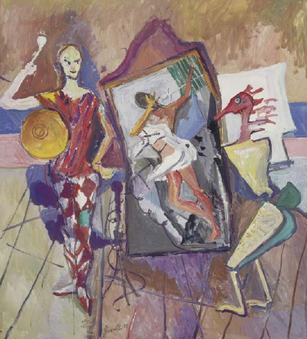 Ein Gemälde mit einem Harlekin, einer Tänzerin im Spiegel und einer Vogelstatue.