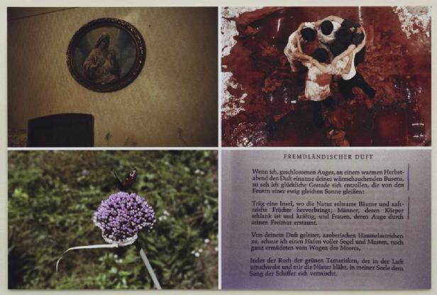 Eine Collage mit einem Madonnenbild, einer Gruppe Menschen in roter Farbe, einer Blüte mit Schmetterling und einem Text.