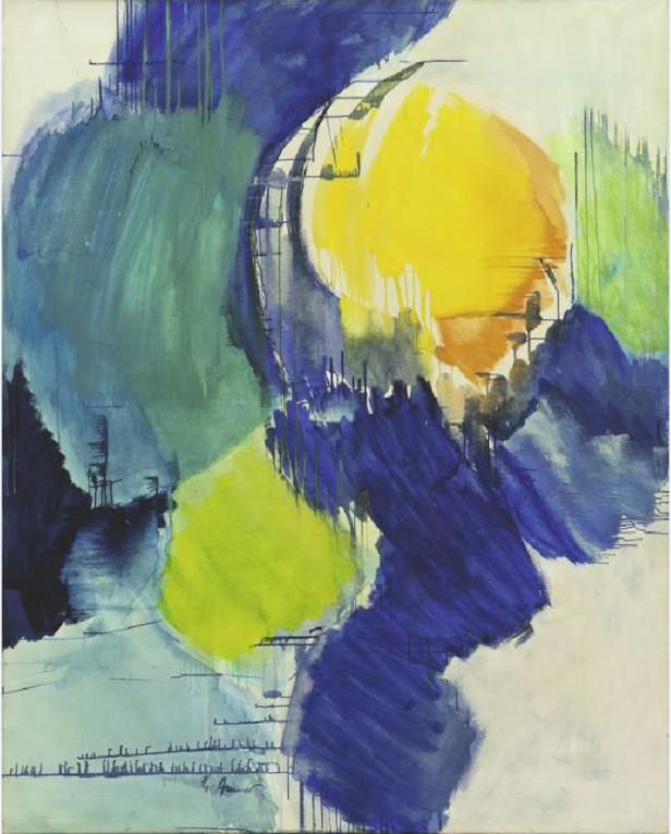 Ein abstraktes Gemälde mit blauen, grünen und gelben Farbflächen.