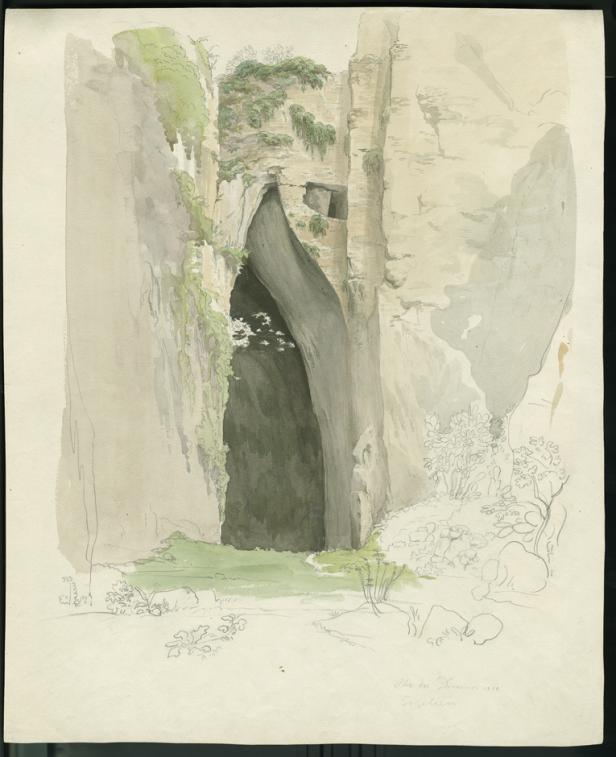 Eine Zeichnung der Ohr des Dionysios in Syrakus.