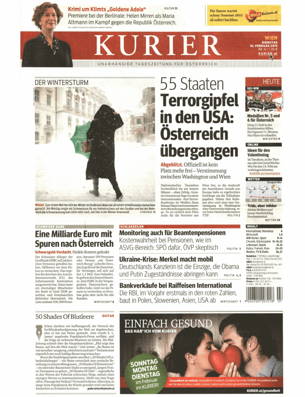 Titelseite des Kurier vom 10. Februar 2015 mit Schlagzeilen zu Terrorismus, Wintersturm und Finanzen.