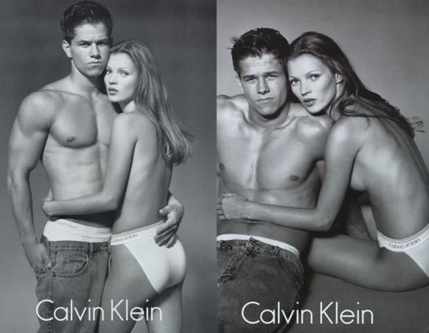 Ein Schwarzweißfoto von Mark Wahlberg und Kate Moss für eine Calvin Klein Kampagne.