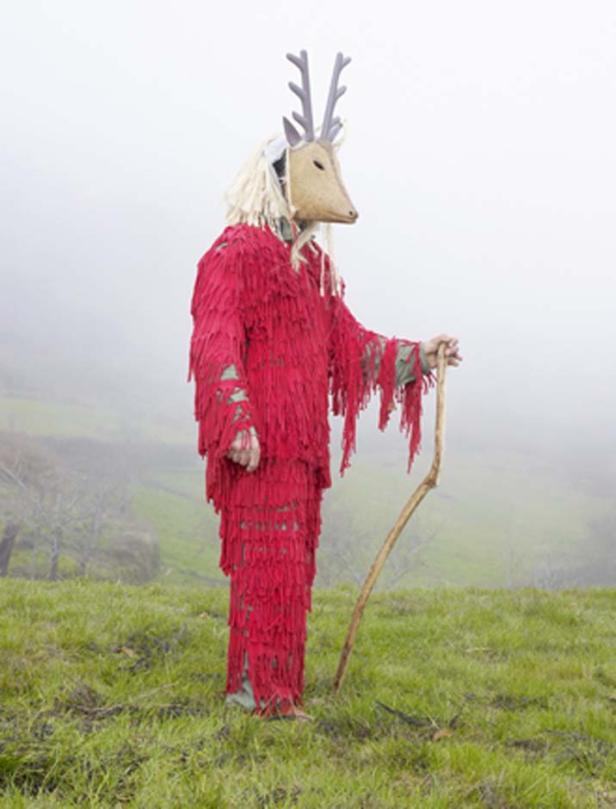 Eine Person in einem roten, fransigen Kostüm und einer Tiermaske steht auf einer Wiese.