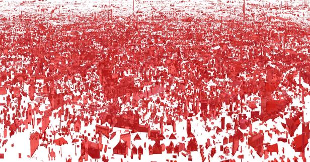 Eine rote Stadtlandschaft erstreckt sich bis zum Horizont.