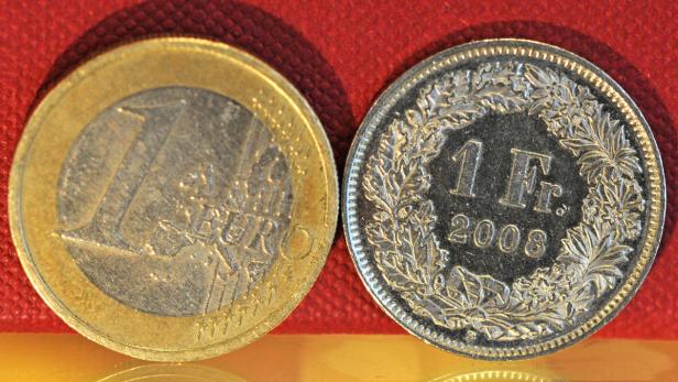 Eine 1-Euro-Münze und eine Schweizer 1-Franken-Münze von 2008 liegen nebeneinander.