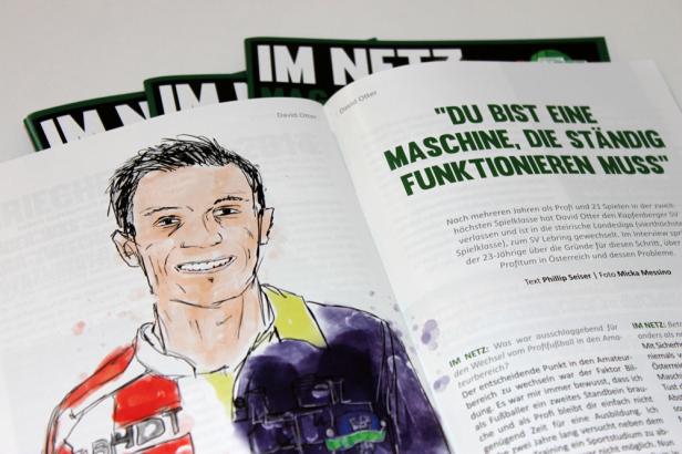 Eine Buchseite mit einer Zeichnung von David Otter und dem Zitat „Du bist eine Maschine, die ständig funktionieren muss“.