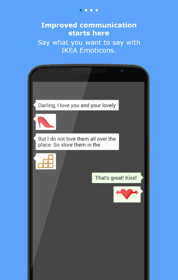 Ein Smartphone-Bildschirm zeigt eine Konversation mit IKEA-Emoticons über Schuhe und Aufbewahrung.