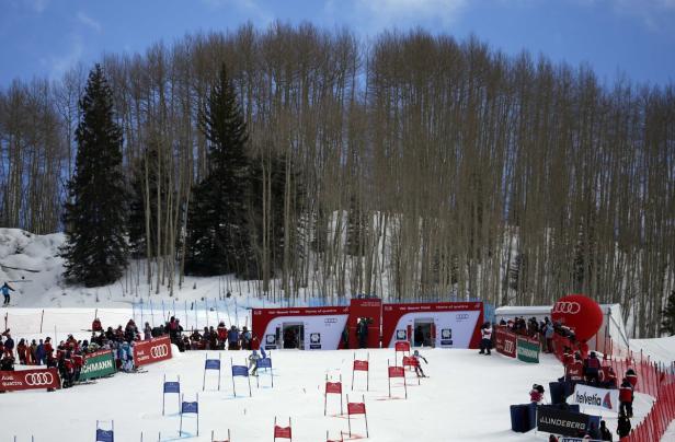 Ein Slalomrennen in Vail/Beaver Creek vor einem Hintergrund aus Bäumen und blauem Himmel.