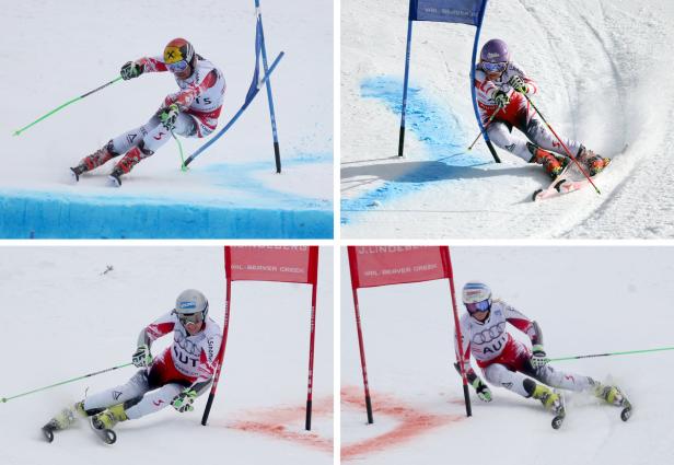 Mehrere Skirennläufer während eines Rennens auf einer schneebedeckten Piste.