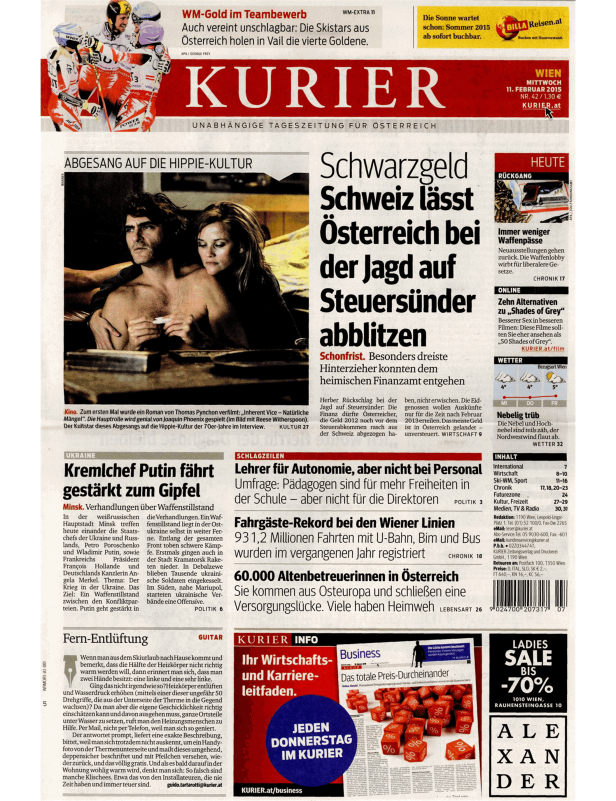 Titelseite der Zeitung „Kurier“ vom 11. Februar 2015 mit verschiedenen Artikeln und Bildern.