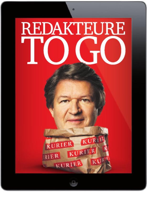 Gold für den KURIER für 'Redakteure to go'. Ein Tablet zeigt das Cover von „Redakteure to go“ mit einem Mann und einer Papiertüte mit der Aufschrift „Kurier“.
