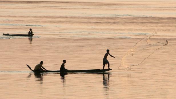 Mehrere Fischer sind mit ihren Booten auf dem Wasser unterwegs, einer wirft ein Netz aus.