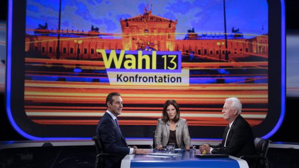 Drei Personen sitzen vor einem Bildschirm mit der Aufschrift „Wahl 13 Konfrontation“.