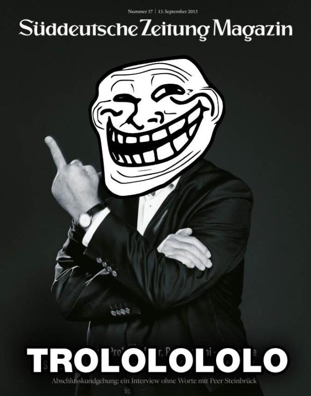 Ein Mann im Anzug mit einem „Trollface“ als Kopf zeigt den Mittelfinger.