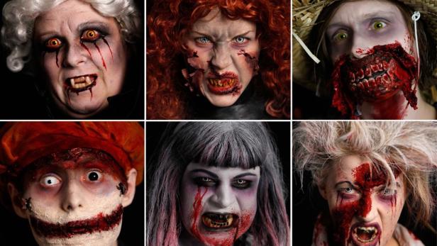 Eine Collage von sechs Personen mit gruseligen Halloween-Make-up und Kostümen.