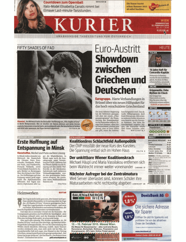 Titelseite des Kurier vom 12. Februar 2015 mit Artikeln zu verschiedenen Themen.