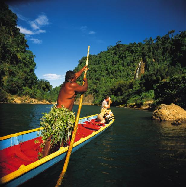 Ein Mann stakt ein Boot mit Touristen auf einem Fluss entlang eines tropischen Waldes.