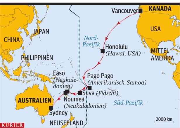 Eine Karte des Pazifiks, die eine Reiseroute von Sydney über Honolulu nach Vancouver zeigt.