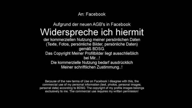 Ein Textbild, das Facebook über die Ablehnung der kommerziellen Nutzung persönlicher Daten informiert.
