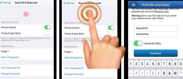Screenshots von iPhone-Einstellungen für Touch ID und einer App zur Aktivierung von Scan2Pay.
