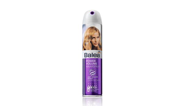 Eine Dose Balea Power Volume Haarspray vor einem weißen Hintergrund.