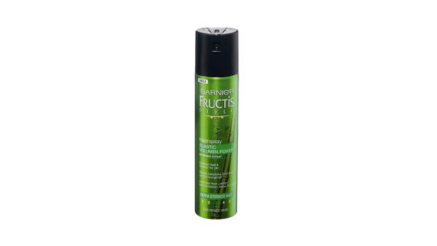Eine grüne Sprühdose Garnier Fructis Style Haarspray Elastic Volumen-Power.