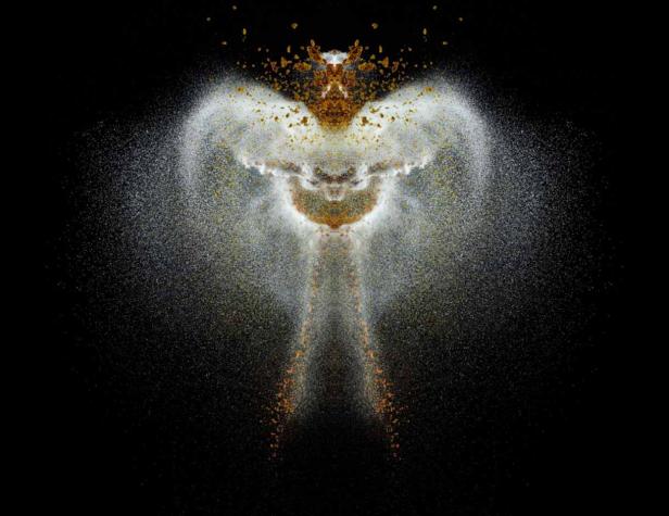 Eine abstrakte Darstellung einer geflügelten Figur aus weißen und goldenen Partikeln auf schwarzem Hintergrund.