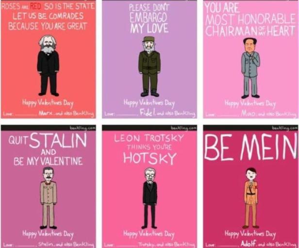 Sechs satirische Valentinskarten mit den Porträts von Marx, Fidel, Mao, Stalin, Trotzki und Hitler.