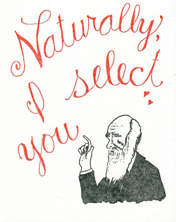 Eine Zeichnung von Charles Darwin mit dem Text „Naturally, I select you“.