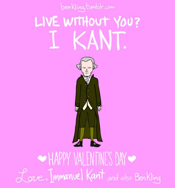 Eine Valentinskarte mit einer Karikatur von Immanuel Kant und dem Text „Ich Kant ohne dich leben“.